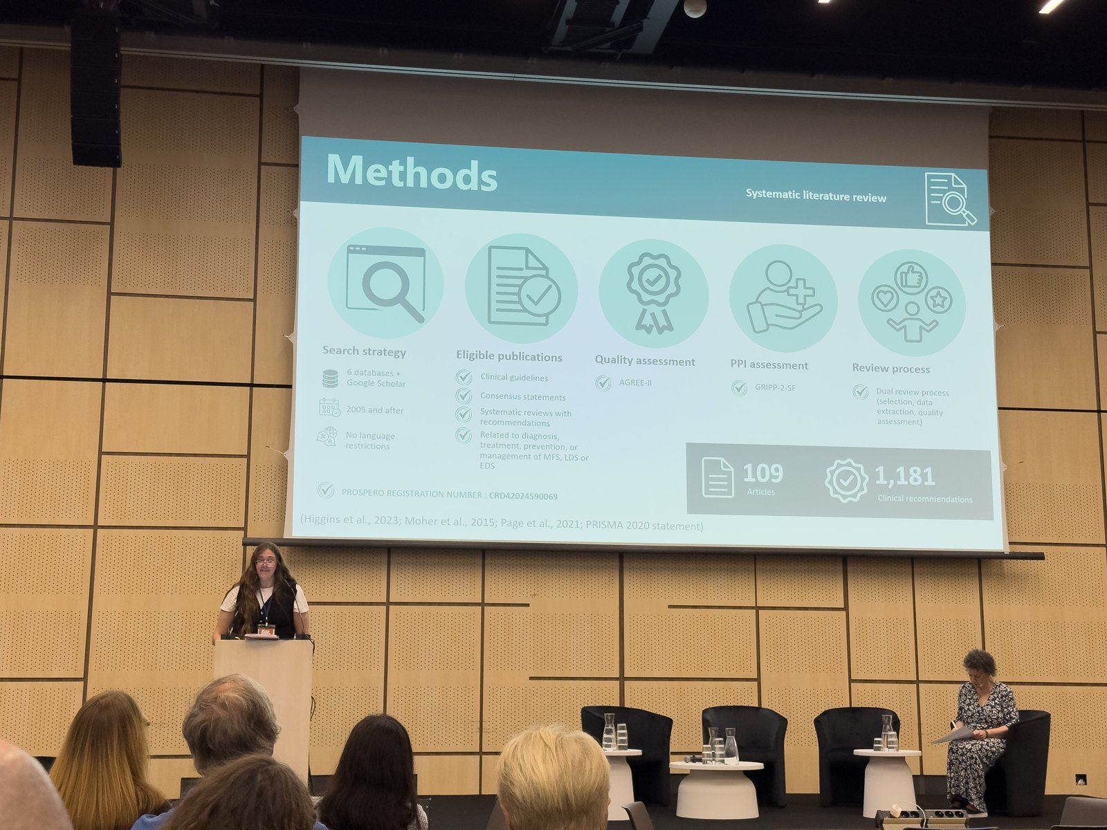 Methods slide from Catherine Coté's talk showing the two project steps: systematic literature review and searchable database, then consultation of patients and healthcare professionals