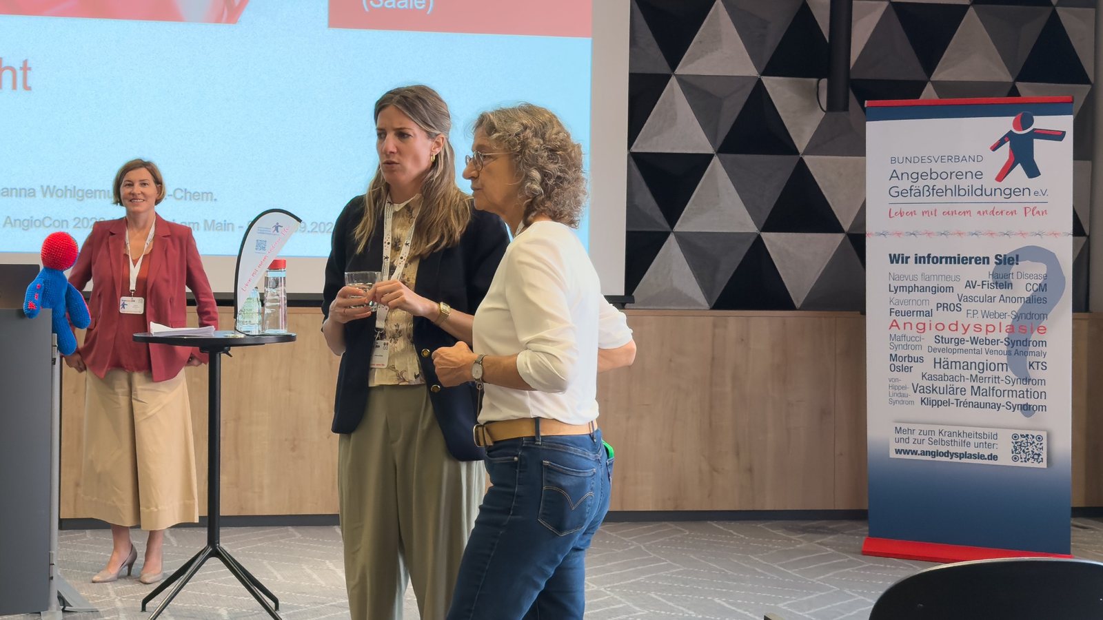 Deux femmes en discussion devant un écran, à côté d'un roll-up du Bundesverband Angeborene Gefässfehlbildungen.